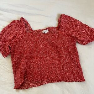 Loft Puffy Sleeve Ruched Crop Shirt | Red, White Polka Dots | XL